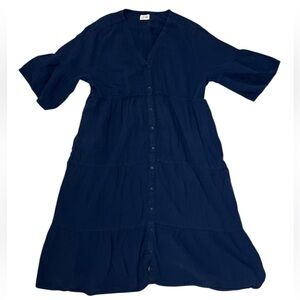 Pact Navy Coastal Button-Front Tiered Midi Dress 💙